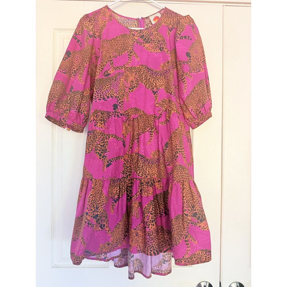 Farm Rio Artsy Magenta Leopard Print Tiered Balloon Sleeve Dress Women's Large